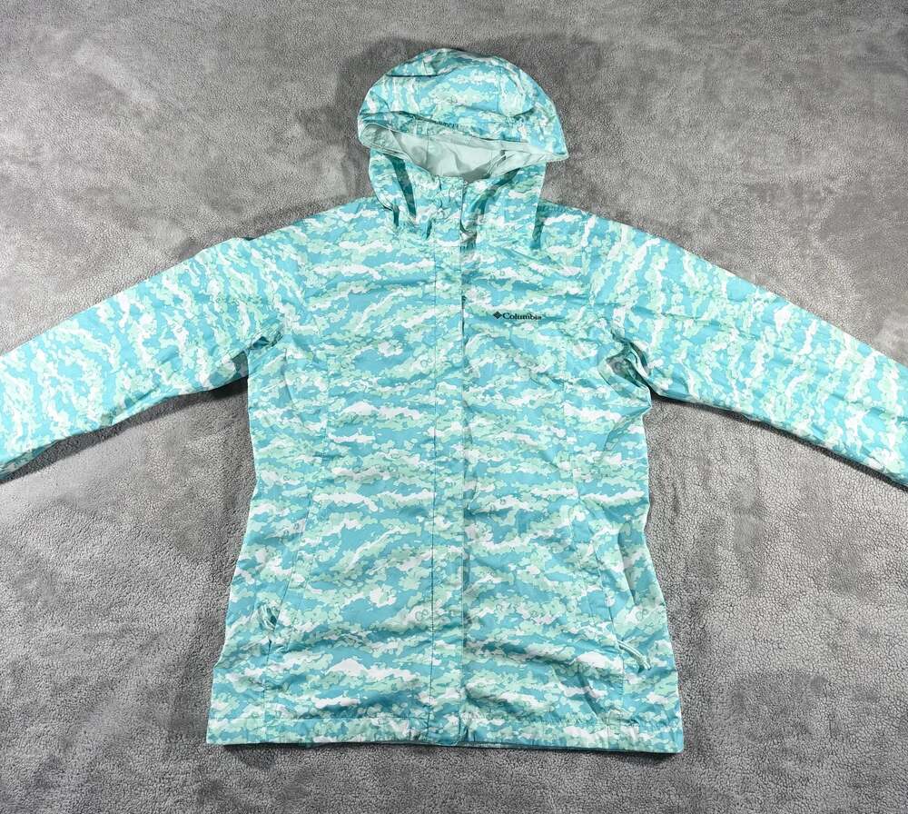 Columbia Omni-Tech Hooded Rain Jacket Teal Cloud Print Size Medium